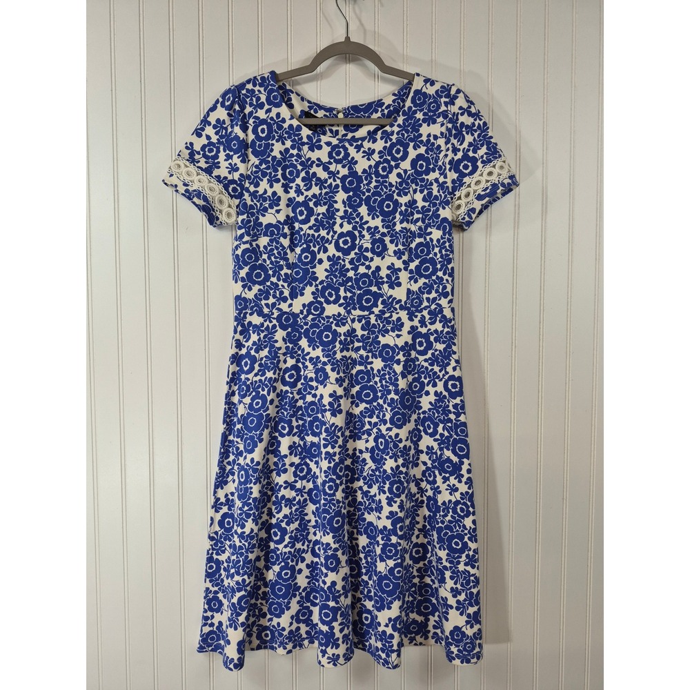 Talbots Blue White Floral Cotton Knit Fit Flare Dress Lace Trim Short Sleeve M